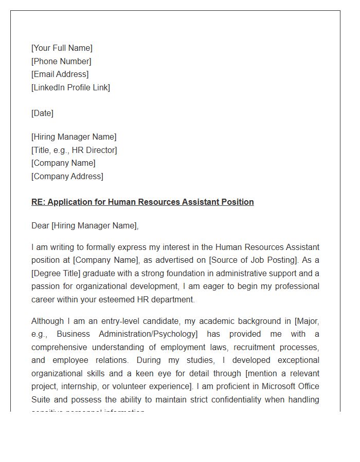 Entry Level Human Resources Assistant Cover Letter Template No Experience