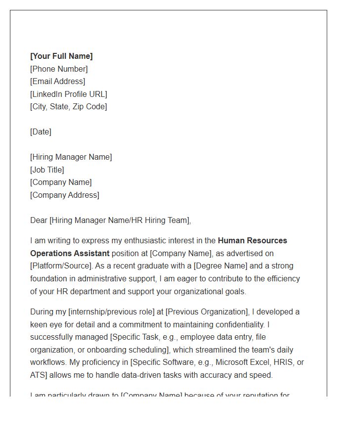 Entry Level Human Resources Operations Assistant Cover Letter Template