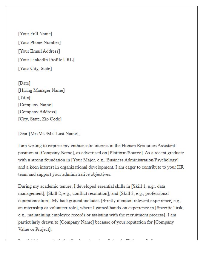 Formal Entry Level Human Resources Assistant Cover Letter Template