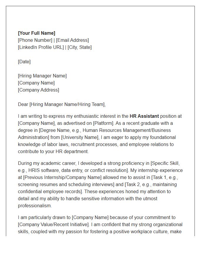 HR Assistant Cover Letter Template For Recent Graduates