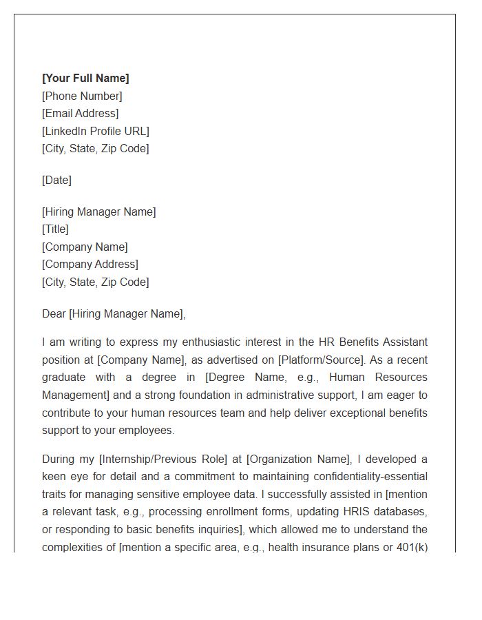HR Benefits Assistant Entry Level Cover Letter Template