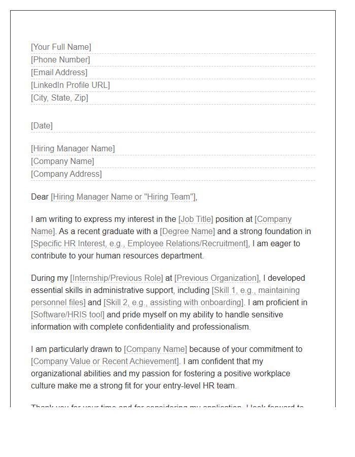 HR Generalist Assistant Entry Level Cover Letter Template