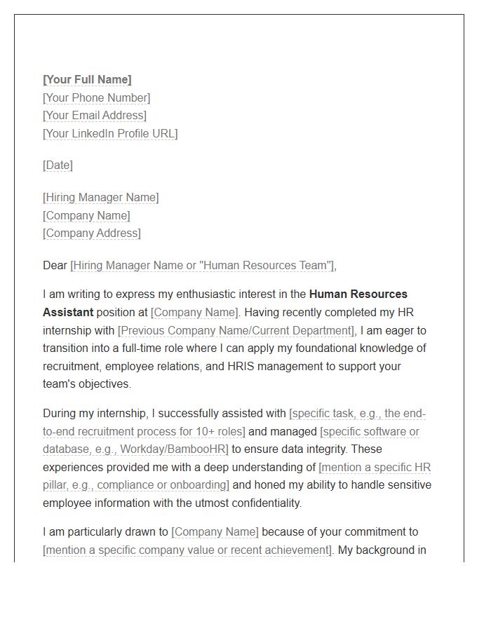HR Internship To Assistant Cover Letter Template