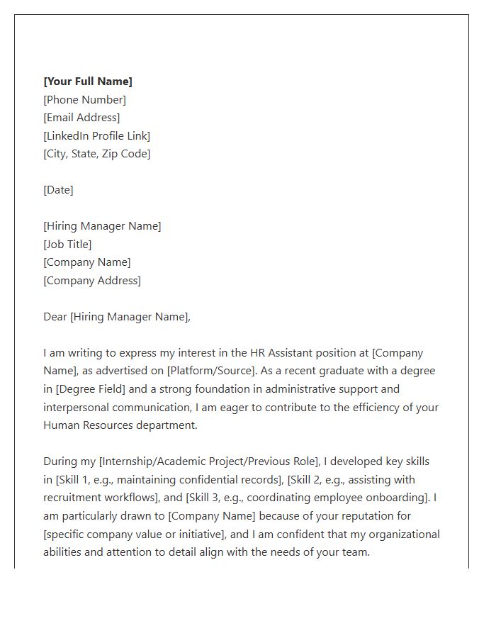 Professional Entry Level HR Assistant Cover Letter Template