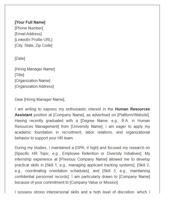 University Graduate Human Resources Assistant Cover Letter Template