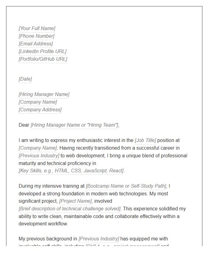 Career Change Junior Web Developer Cover Letter Template