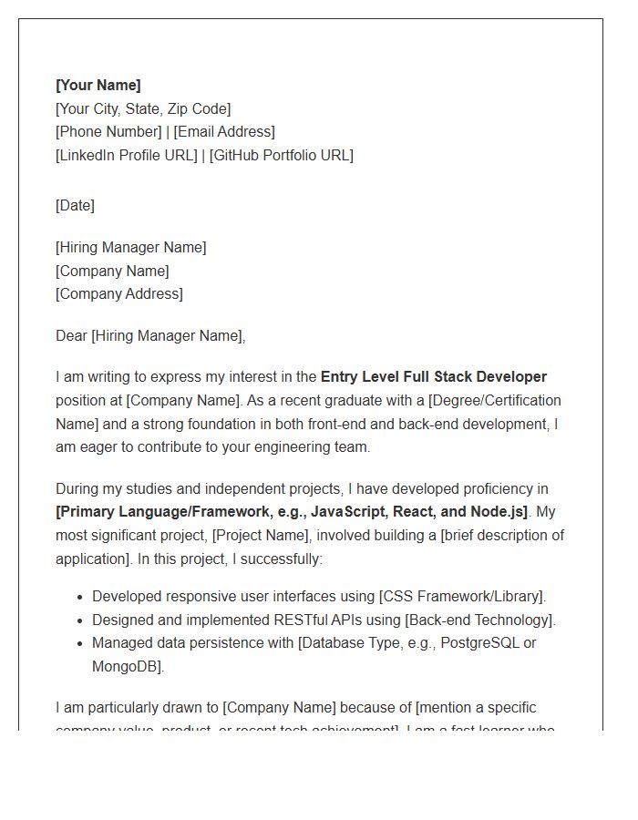 Entry Level Full Stack Developer Cover Letter Template