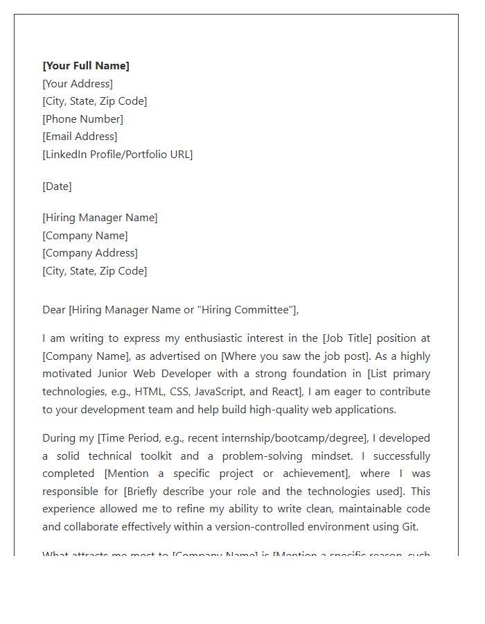 Formal Junior Web Developer Cover Letter Template