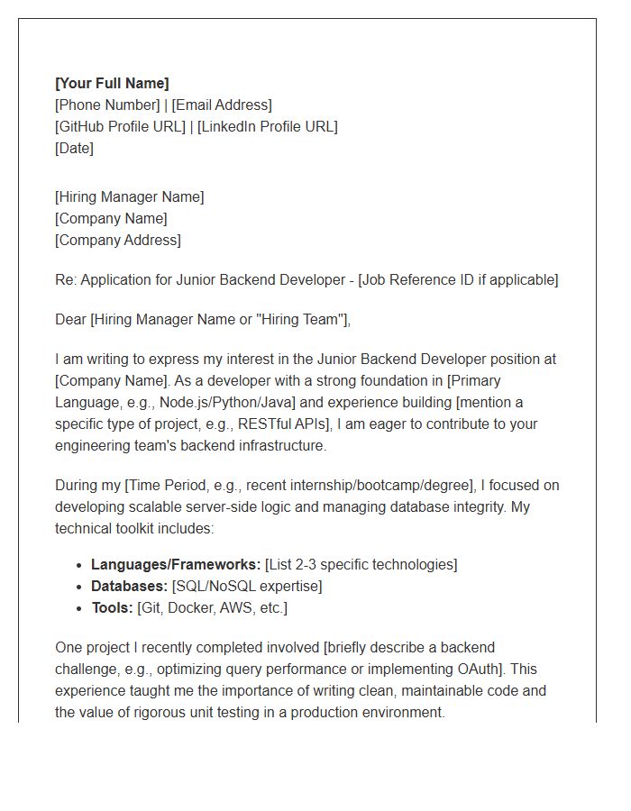 Junior Backend Web Developer Cover Letter Template