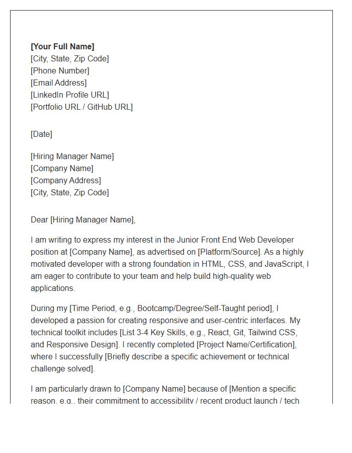 Junior Front End Web Developer Cover Letter Template
