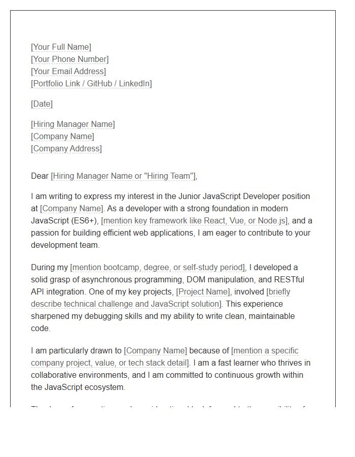 Junior Javascript Developer Cover Letter Template