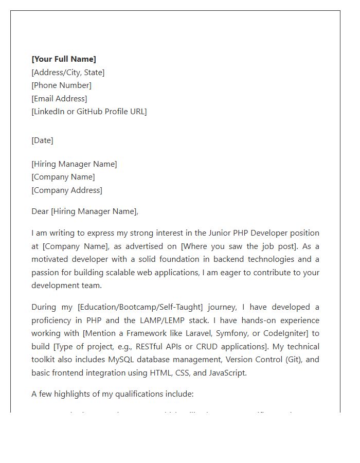 Junior Php Developer Cover Letter Template