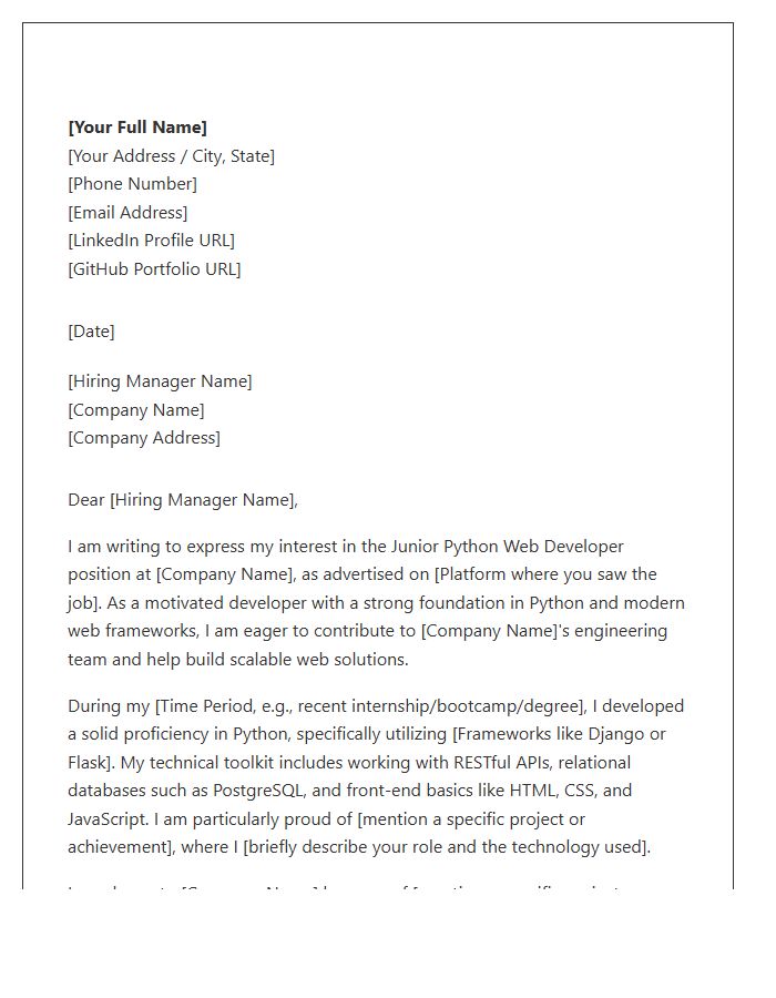 Junior Python Web Developer Cover Letter Template