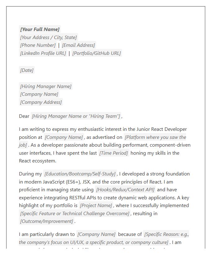 Junior React Developer Cover Letter Template
