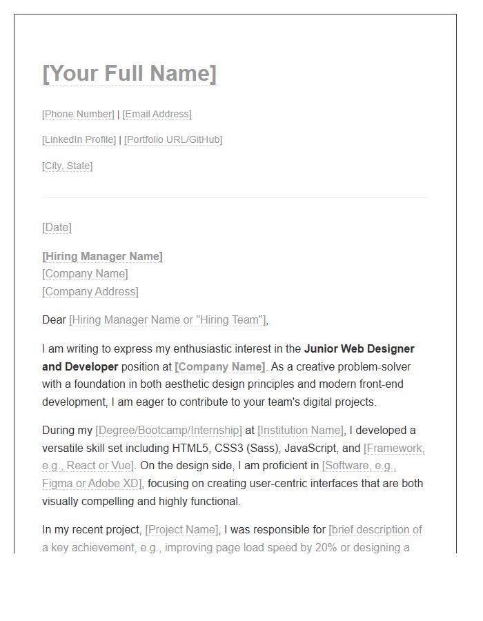 Junior Web Designer And Developer Cover Letter Template