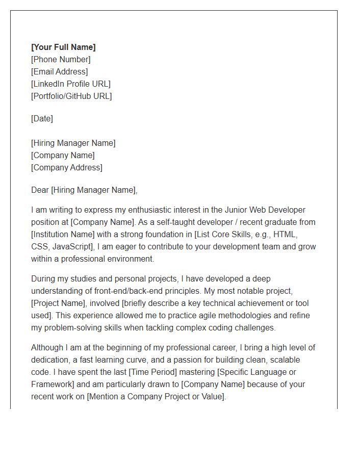 No Experience Junior Web Developer Cover Letter Template