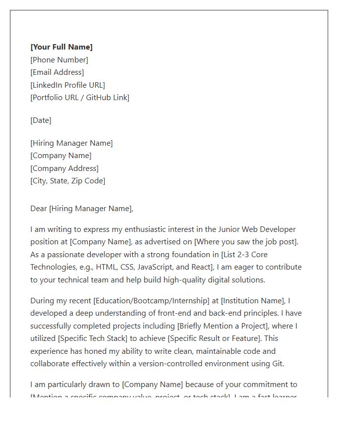 Professional Junior Web Developer Cover Letter Template