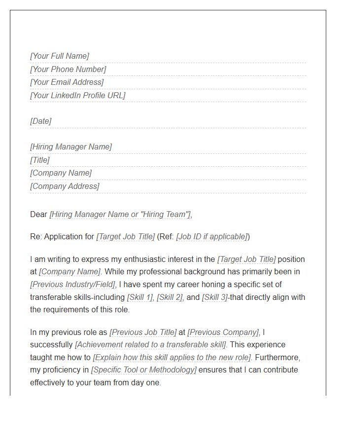 Transferable Skills Career Change Cover Letter Template