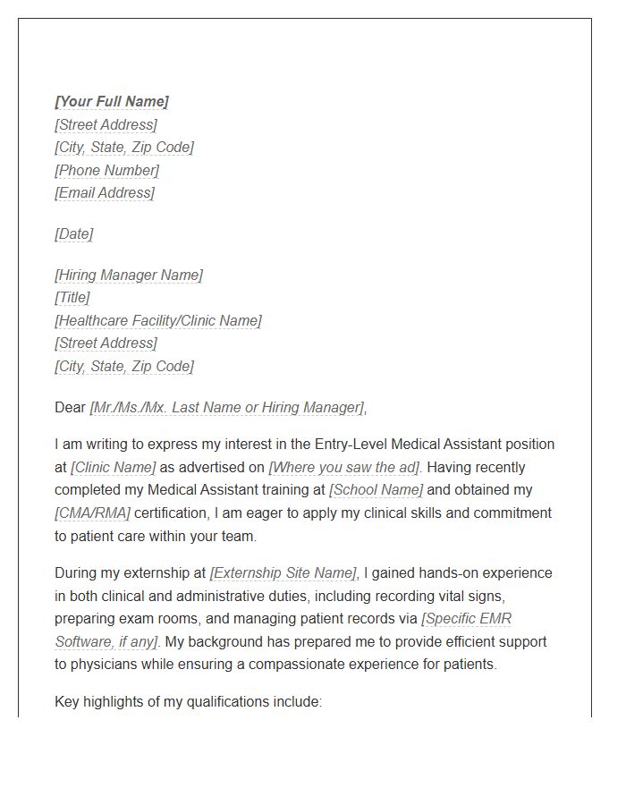 Certified Medical Assistant Entry Level Cover Letter Template