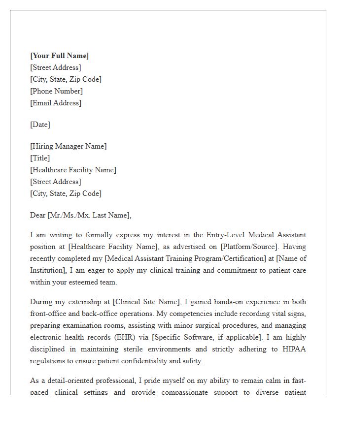 Formal Medical Assistant Entry Level Cover Letter Template