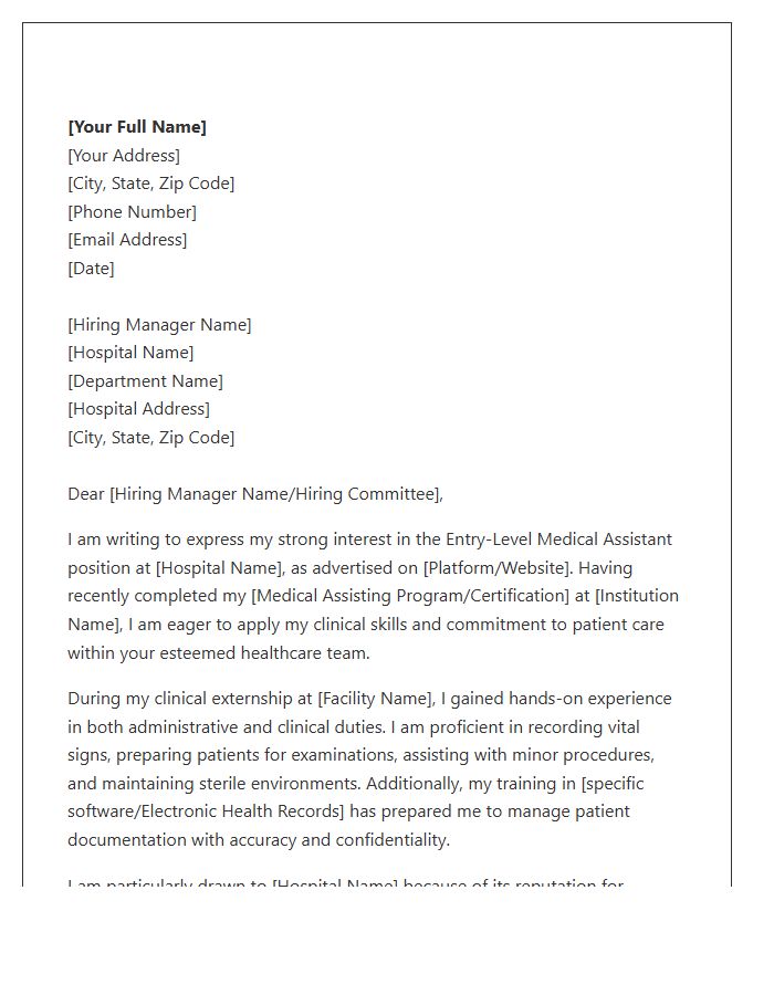 Hospital Medical Assistant Entry Level Cover Letter Template