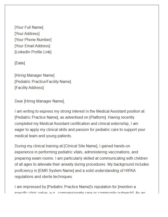 Pediatric Medical Assistant Entry Level Cover Letter Template