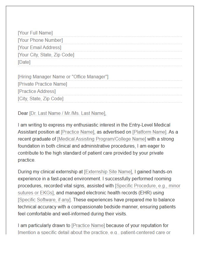 Private Practice Medical Assistant Entry Level Cover Letter Template