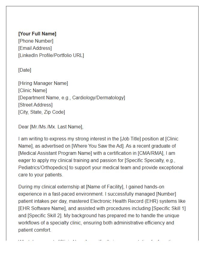 Specialty Clinic Medical Assistant Entry Level Cover Letter Template