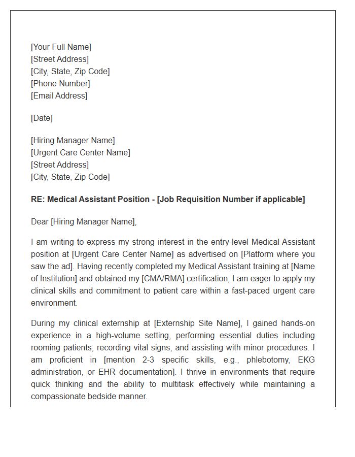 Urgent Care Medical Assistant Entry Level Cover Letter Template