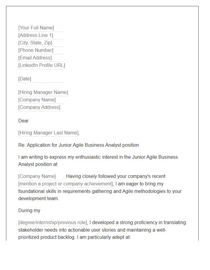 Junior Agile Business Analyst Cover Letter Template