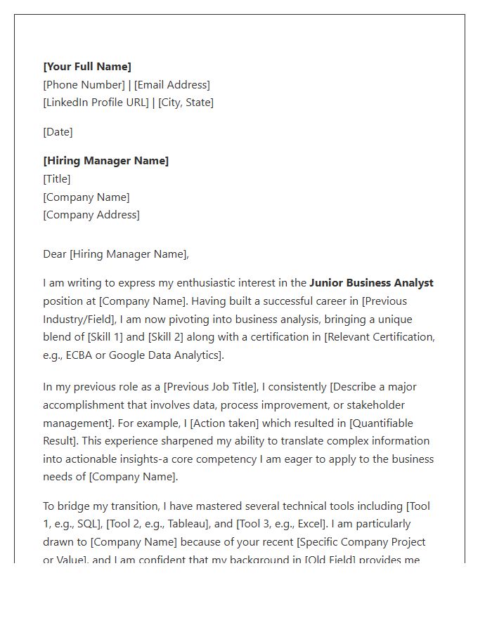 Junior Business Analyst Career Change Cover Letter Template