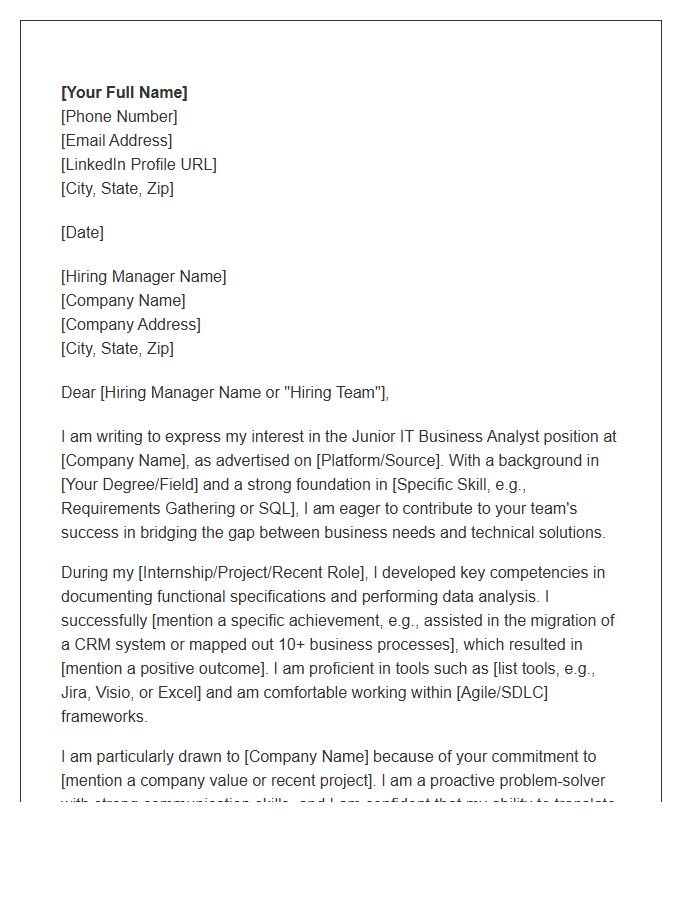 Junior IT Business Analyst Cover Letter Template