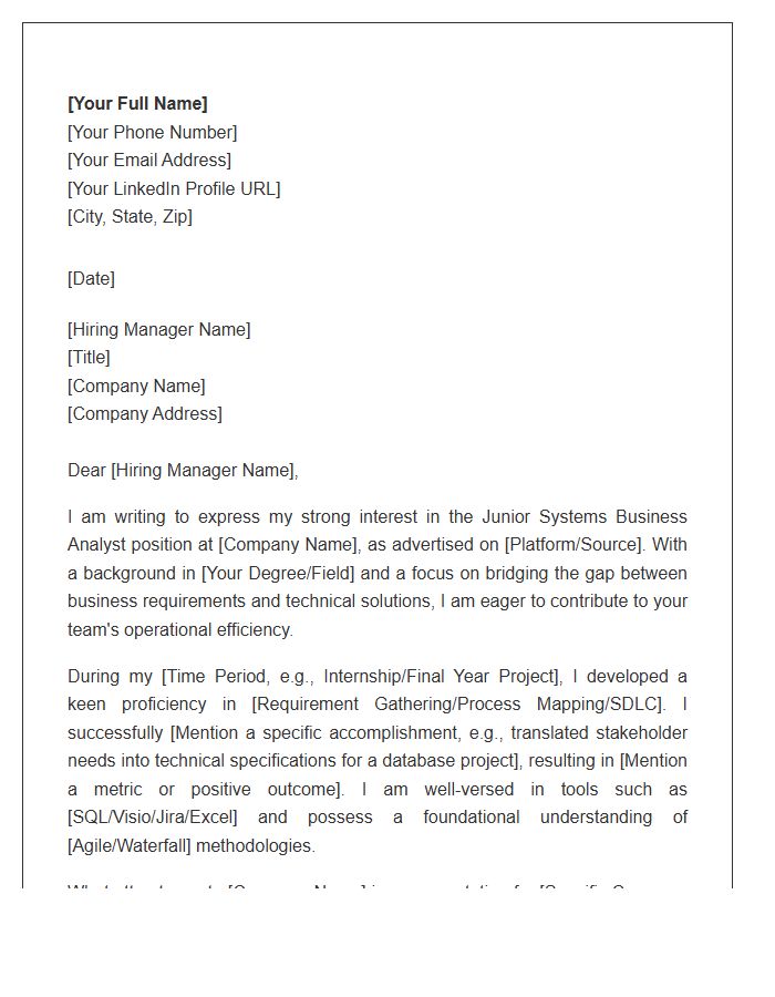 Junior Systems Business Analyst Cover Letter Template
