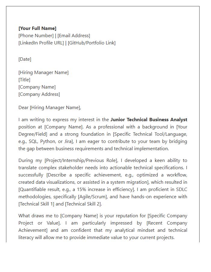 Technical Junior Business Analyst Cover Letter Template