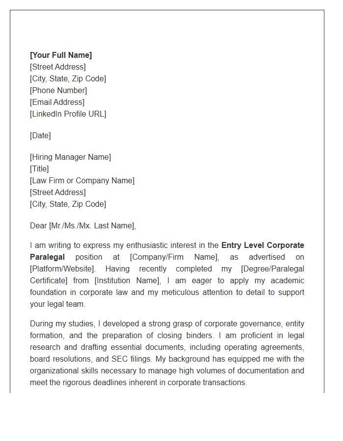 Entry Level Corporate Paralegal Cover Letter Template