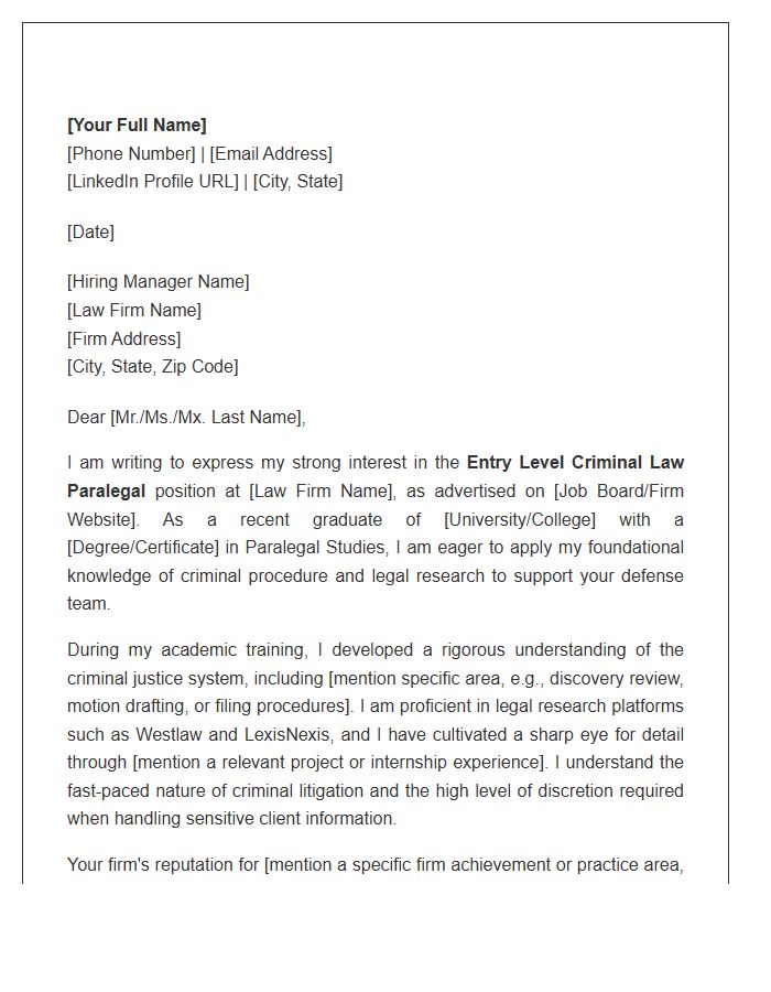 Entry Level Criminal Law Paralegal Cover Letter Template
