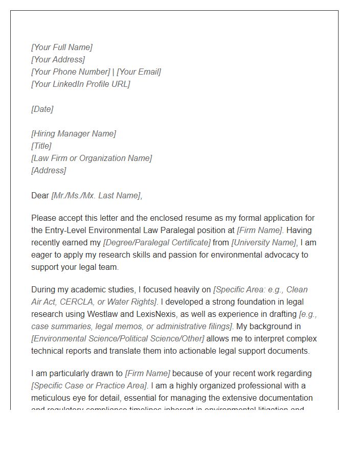 Entry Level Environmental Law Paralegal Cover Letter Template