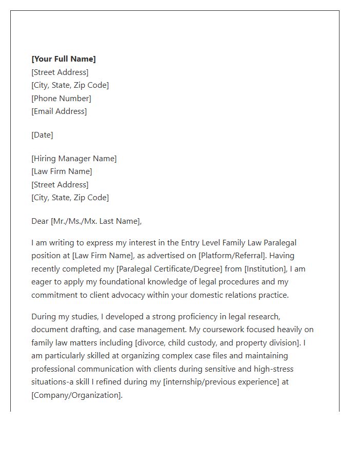 Entry Level Family Law Paralegal Cover Letter Template