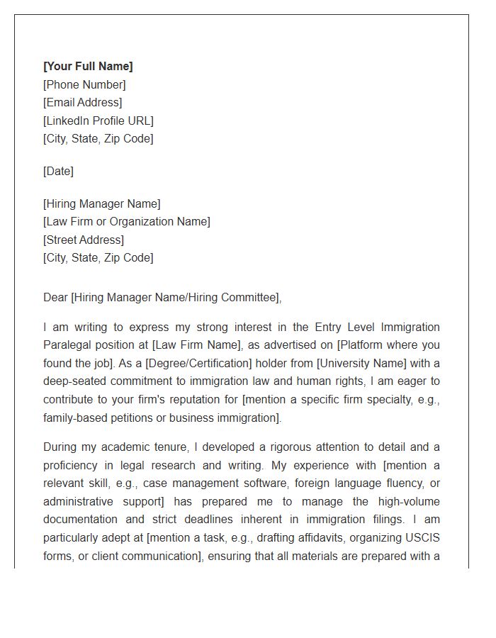 Entry Level Immigration Paralegal Cover Letter Template