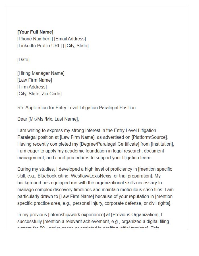 Entry Level Litigation Paralegal Cover Letter Template