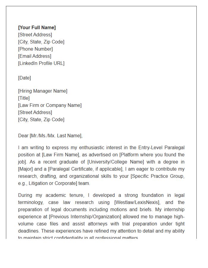 Recent Graduate Entry Level Paralegal Cover Letter Template