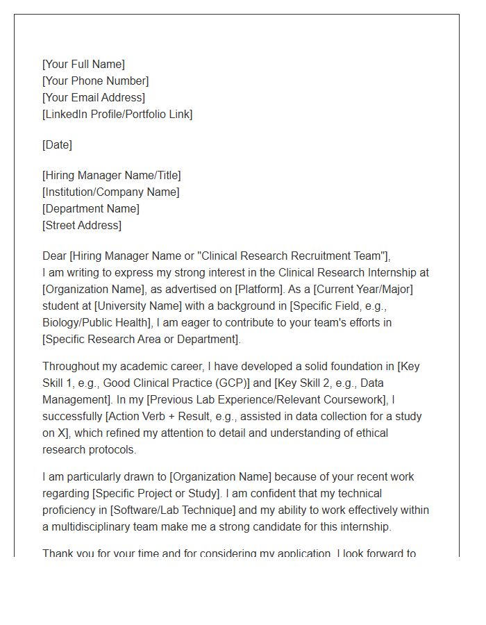 Clinical Research Internship Cover Letter Template