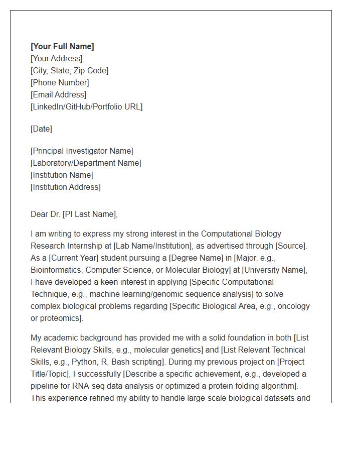 Computational Biology Research Internship Cover Letter Template