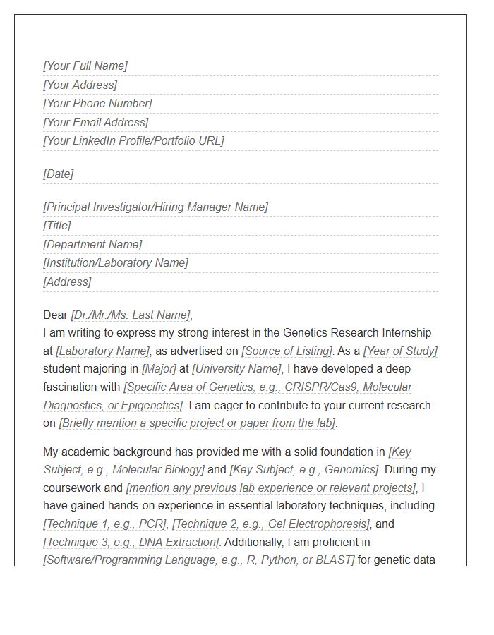 Genetics Laboratory Research Internship Cover Letter Template