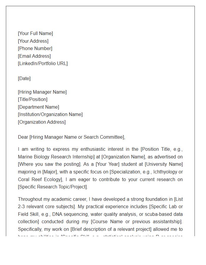 Marine Biology Research Internship Cover Letter Template
