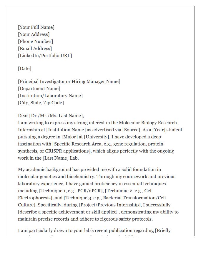 Molecular Biology Research Internship Cover Letter Template