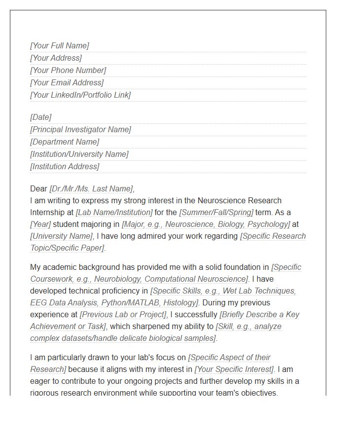 Neuroscience Research Internship Cover Letter Template