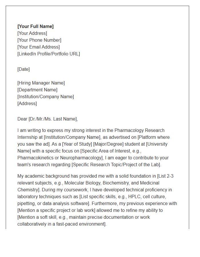 Pharmacology Research Internship Cover Letter Template