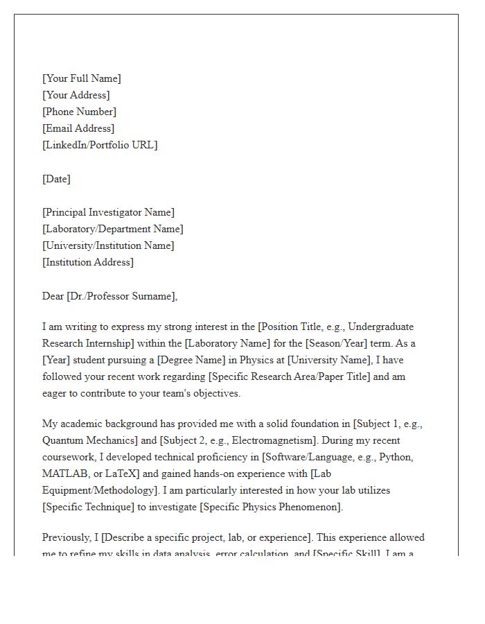 Physics Research Internship Cover Letter Template