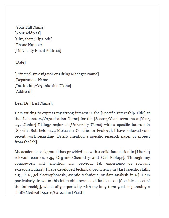Undergraduate Biology Research Internship Cover Letter Template